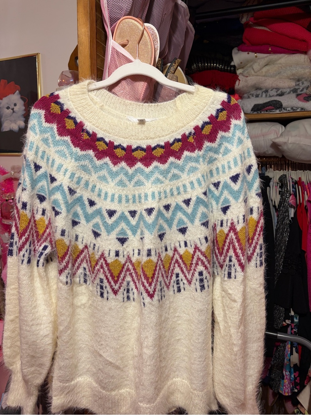 Cream Fair Isle Crewneck Sweater with Multicolor Yoke